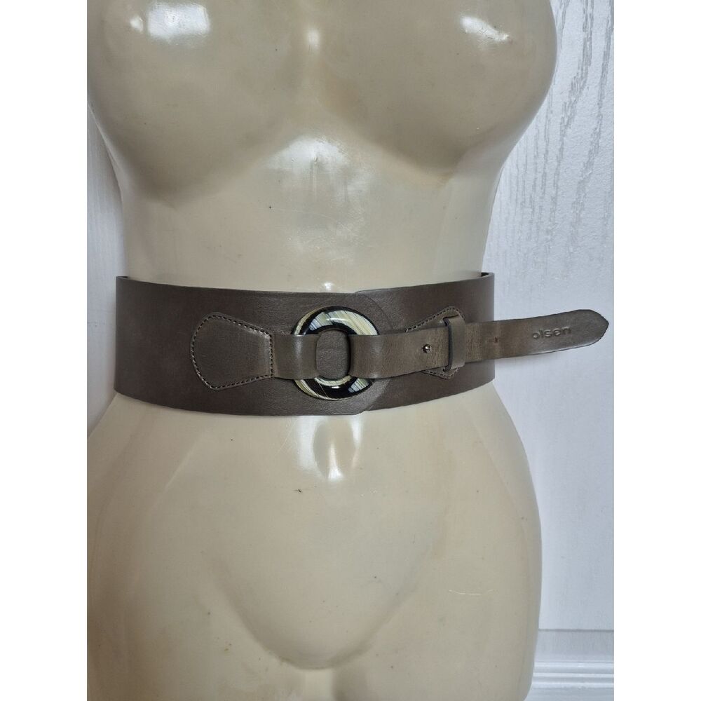 Vintage Wide Army Green Leather Waist Belt with Round Accent Buckle